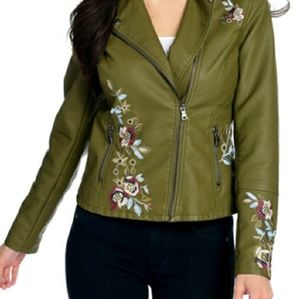 Embroidered faux leather moto jacket